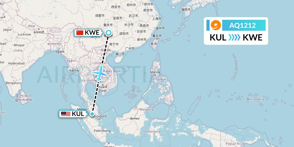AQ1212 9 Air Flight Map: Kuala Lumpur to Guiyang