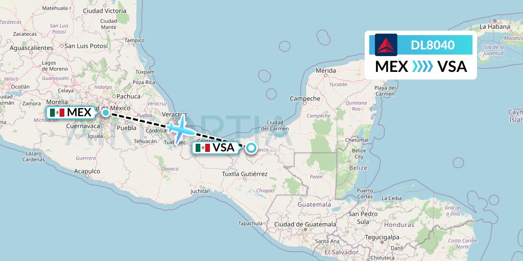 DL8040 Delta Air Lines Flight Map: Mexico City to Villahermosa