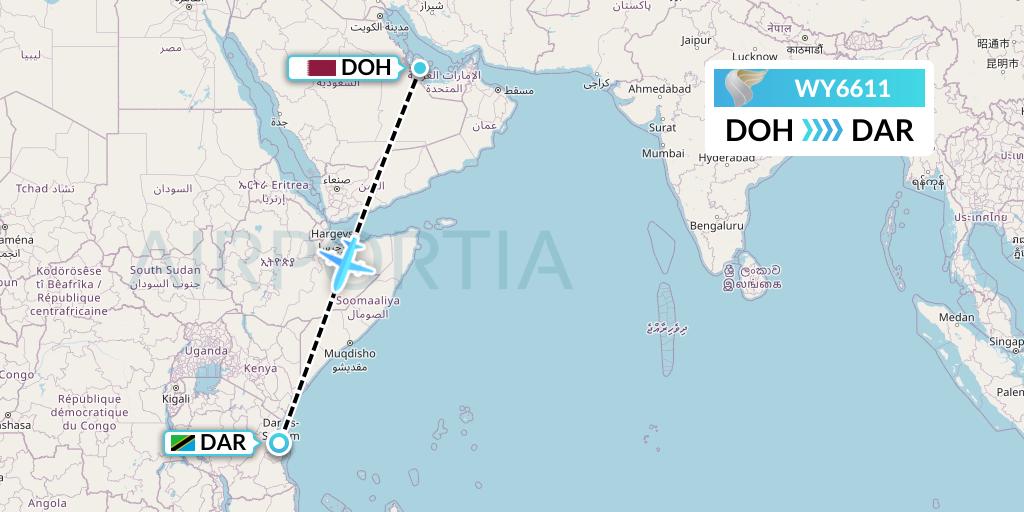 WY6611 Oman Air Flight Map: Doha to Dar-es-Salaam