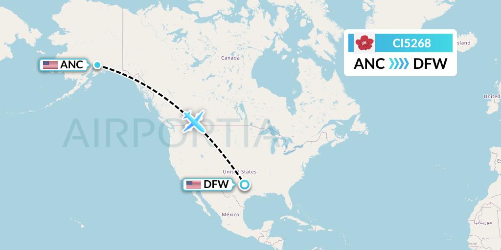 CI5268 China Airlines Flight Map: Anchorage to Dallas