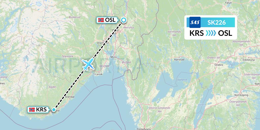 SK226 SAS Flight Map: Kristiansand to Oslo