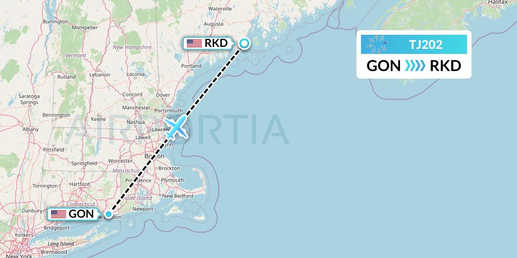 TJ202 Tradewind Aviation Flight Map: New London to Rockland