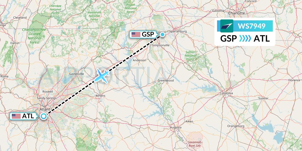 WS7949 WestJet Flight Map: Greenville-Spartanburg to Atlanta
