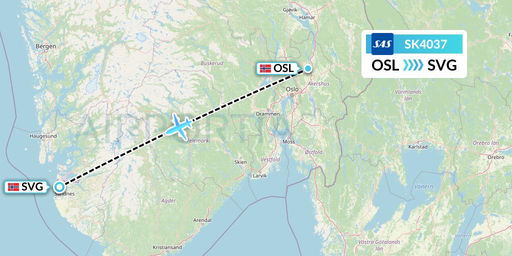 SK4037 SAS Flight Map: Oslo to Stavanger