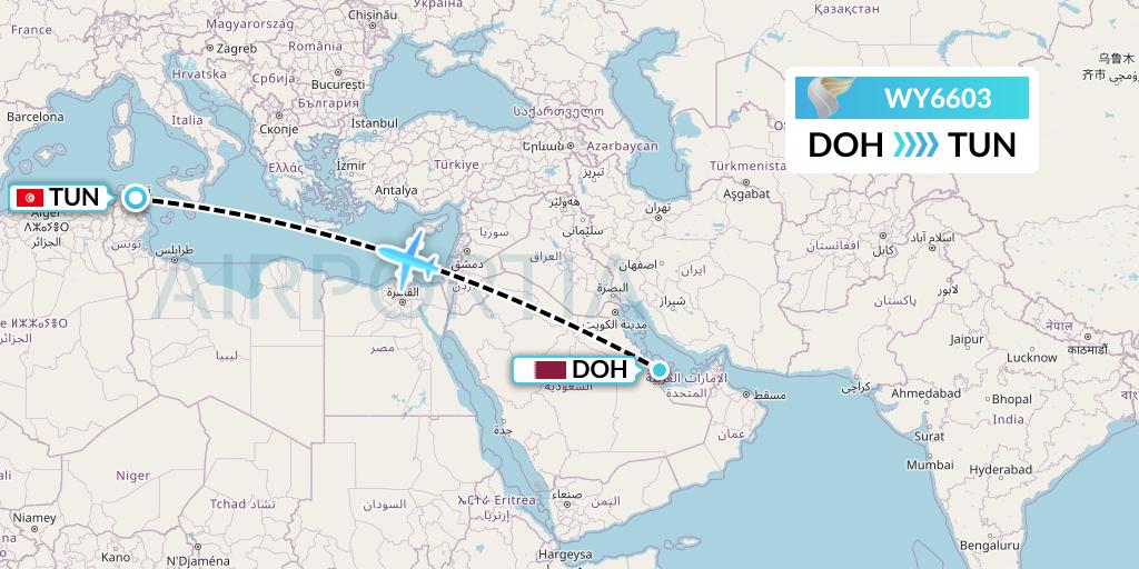 WY6603 Oman Air Flight Map: Doha to Tunis