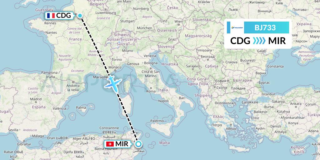 BJ733 Nouvelair Tunisie Flight Map: Paris to Monastir