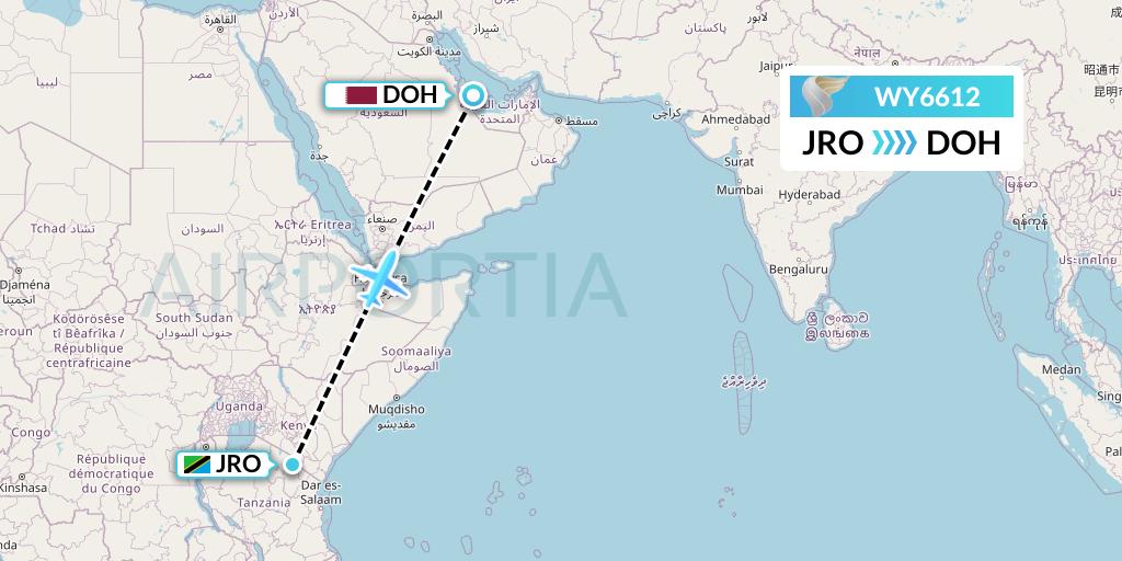 WY6612 Oman Air Flight Map: Kilimanjaro to Doha