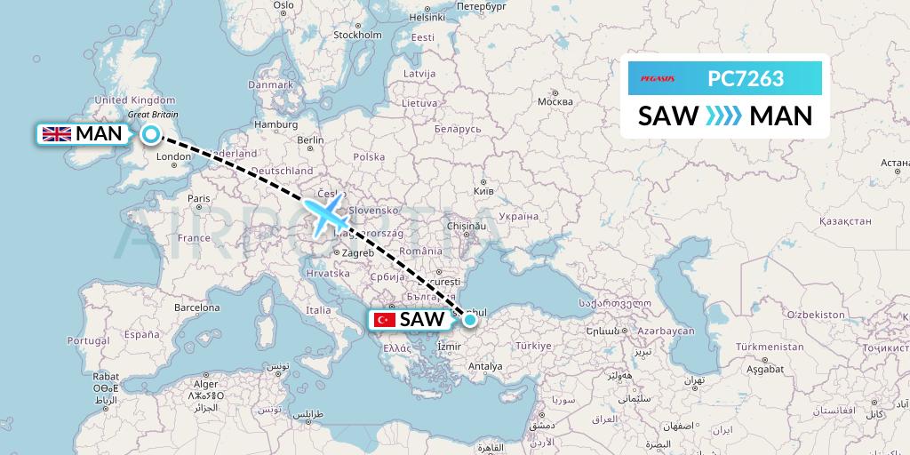 PC7263 Pegasus Airlines Flight Map: Istanbul to Manchester