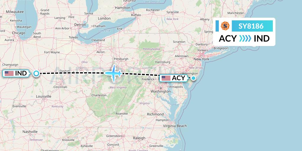 SY8186 Sun Country Airlines Flight Map: Atlantic City to Indianapolis