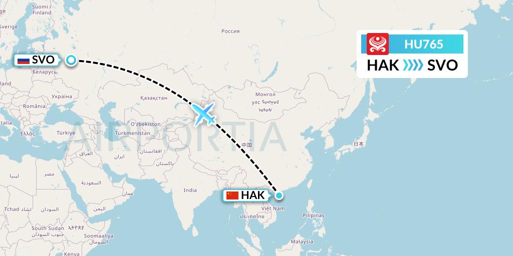 HU765 Hainan Airlines Flight Map: Haikou to Moscow