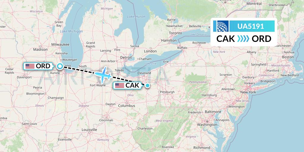 UA5191 United Airlines Flight Map: Akron to Chicago