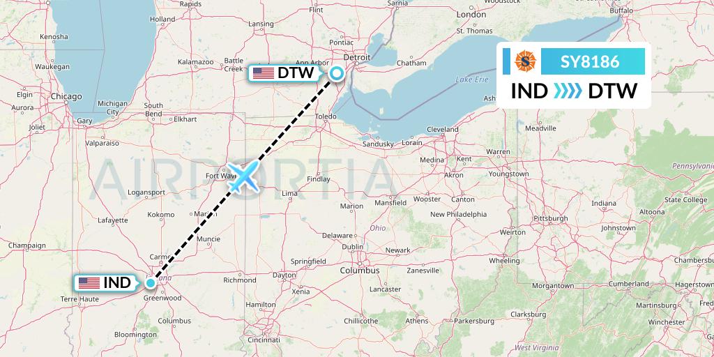 SY8186 Sun Country Airlines Flight Map: Indianapolis to Detroit