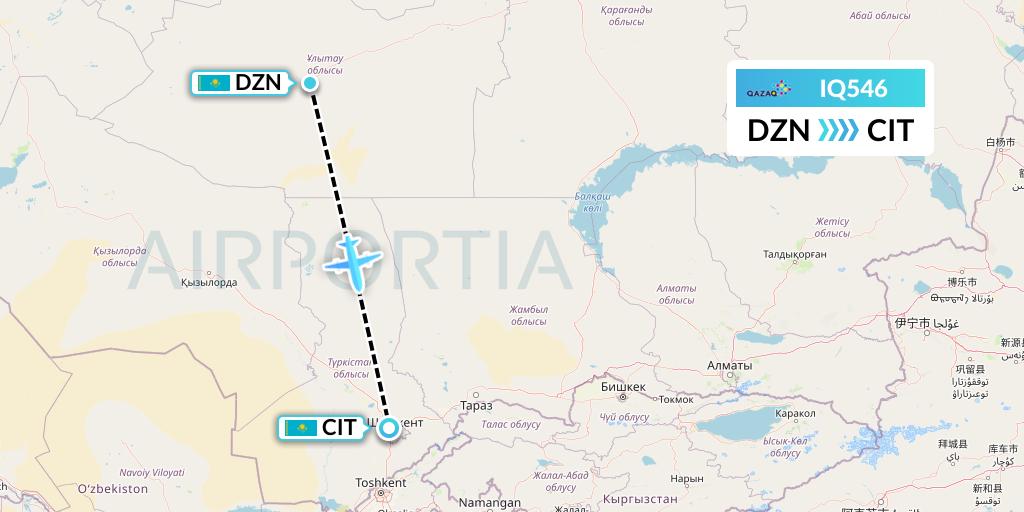IQ546 Qazaq Air Flight Map: Zhezkazgan to Shymkent