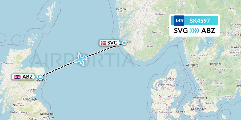 SK4597 SAS Flight Map: Stavanger to Aberdeen