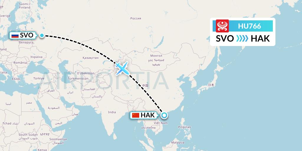 HU766 Hainan Airlines Flight Map: Moscow to Haikou