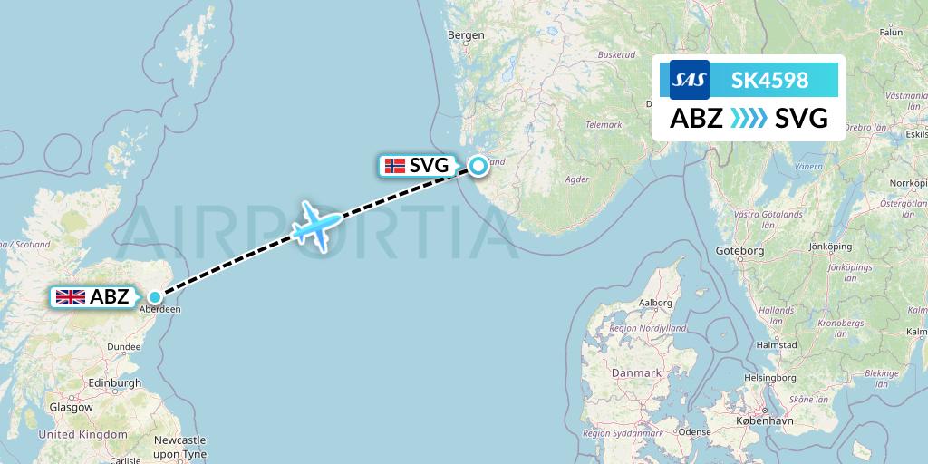 SK4598 SAS Flight Map: Aberdeen to Stavanger