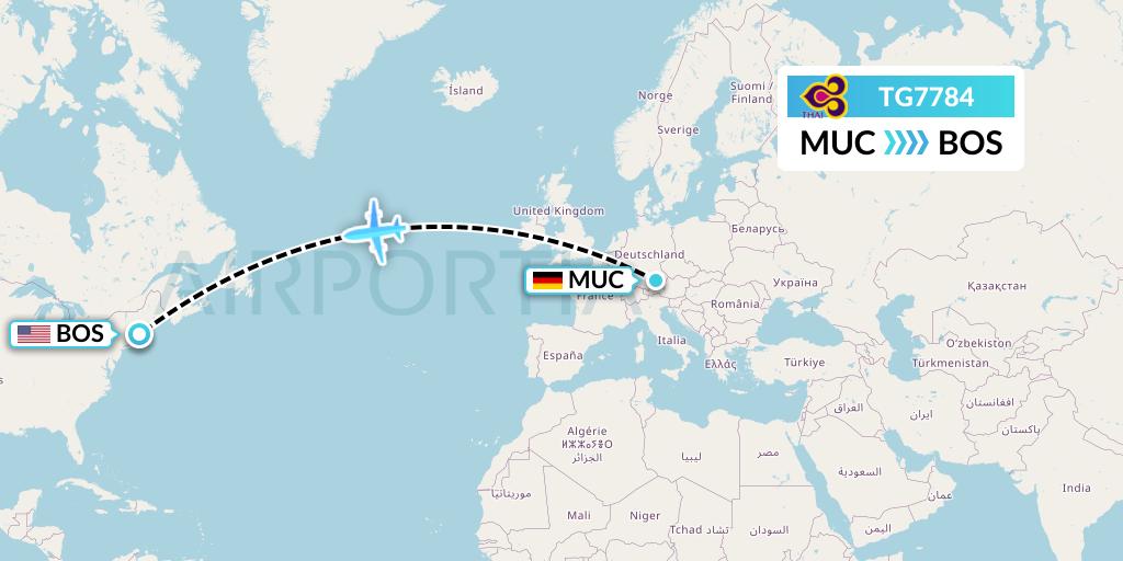 TG7784 Thai Airways Flight Map: Munich to Boston