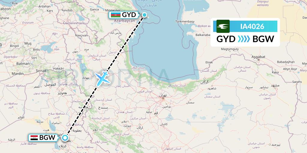 IA4026 Iraqi Airways Flight Map: Baku to Baghdad