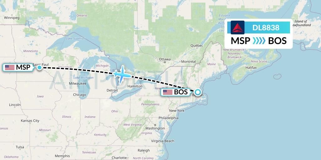 DL8838 Delta Air Lines Flight Map: Minneapolis to Boston