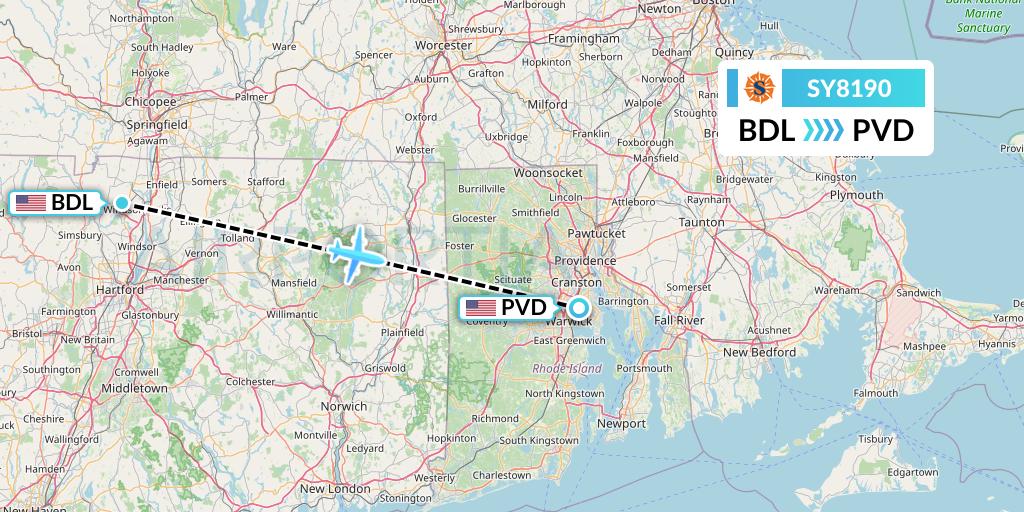 SY8190 Sun Country Airlines Flight Map: Windsor Locks to Providence