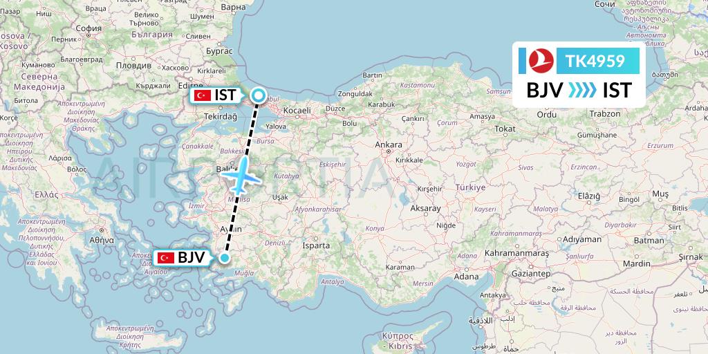 TK4959 Turkish Airlines Flight Map: Bodrum to Istanbul