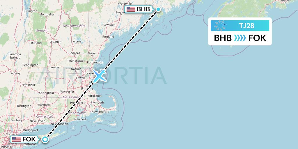 TJ28 Tradewind Aviation Flight Map: Bar Harbor to Westhampton Beach