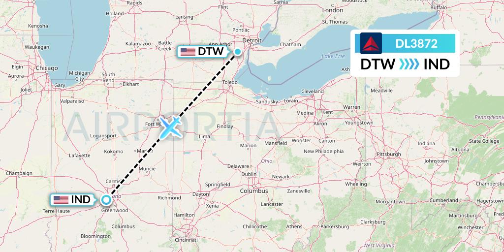 DL3872 Delta Air Lines Flight Map: Detroit to Indianapolis