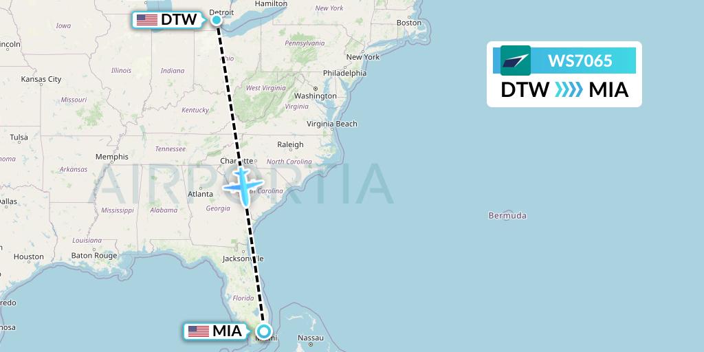 WS7065 WestJet Flight Map: Detroit to Miami