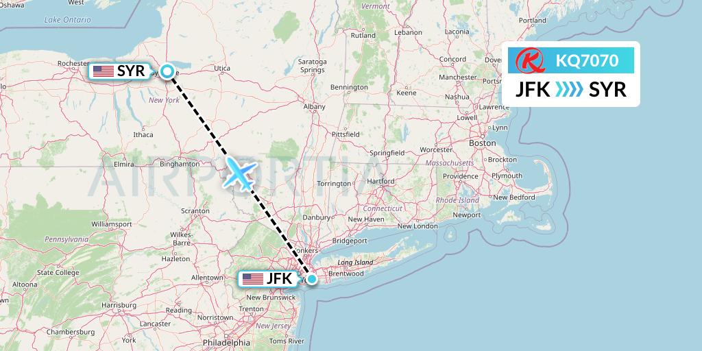 KQ7070 Kenya Airways Flight Map: New York to Syracuse