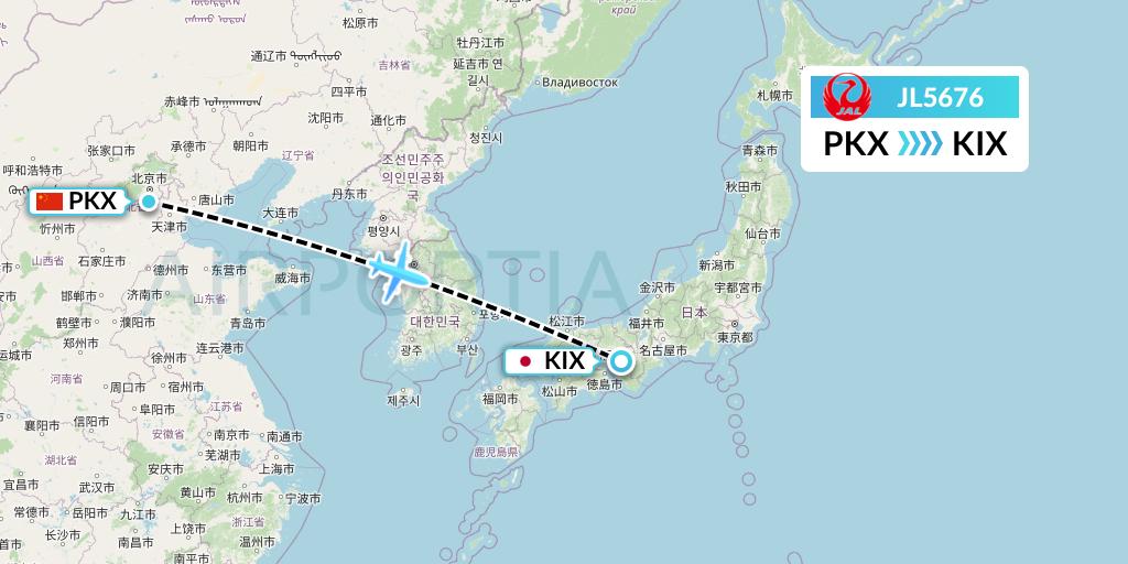 JL5676 Japan Airlines Flight Map: Beijing to Osaka