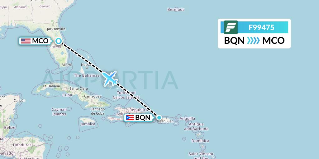 F99475 Frontier Airlines Flight Map: Aguadilla to Orlando