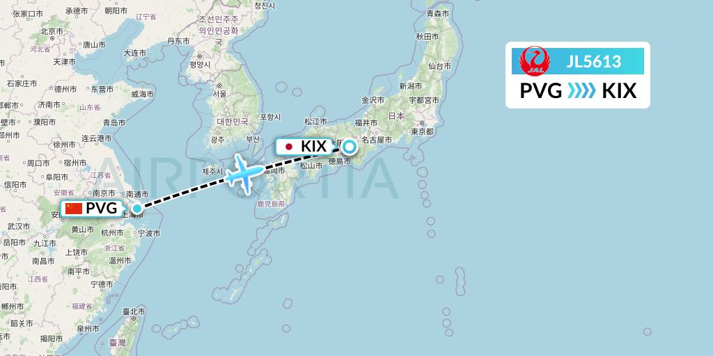 JL5613 Japan Airlines Flight Map: Shanghai to Osaka