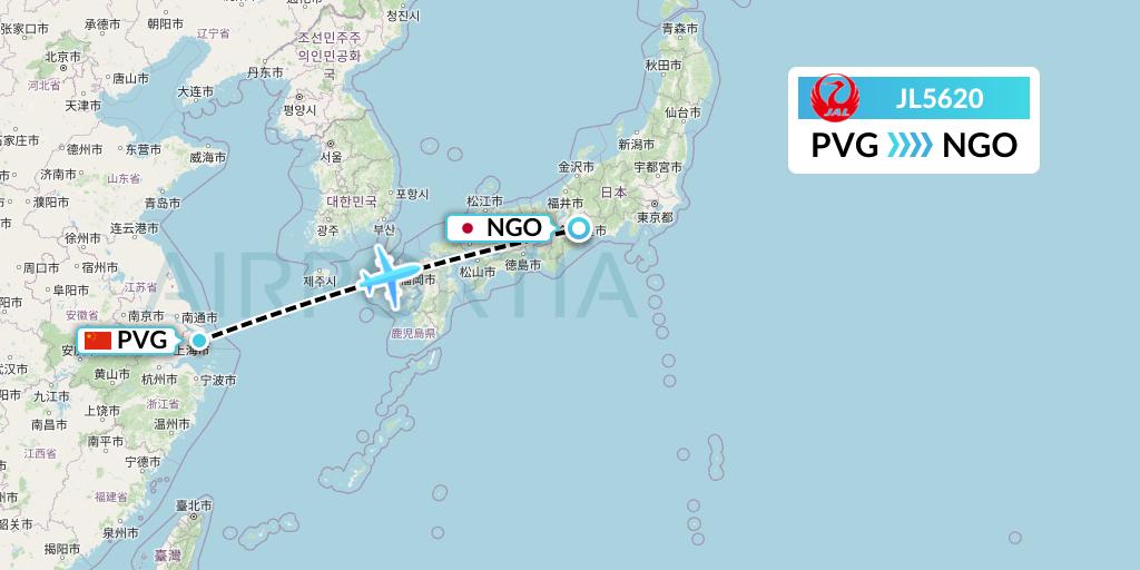 JL5620 Japan Airlines Flight Map: Shanghai to Nagoya