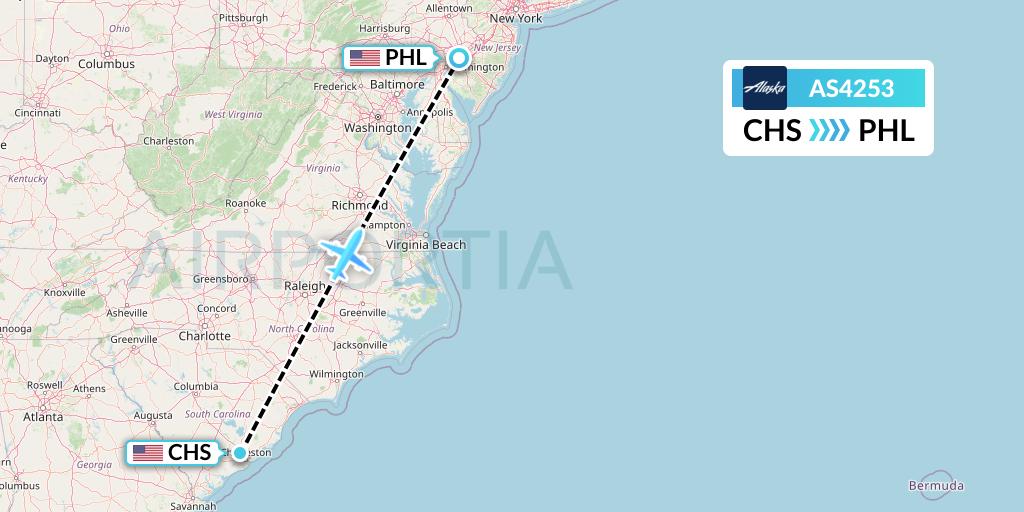 AS4253 Alaska Airlines Flight Map: Charleston to Philadelphia