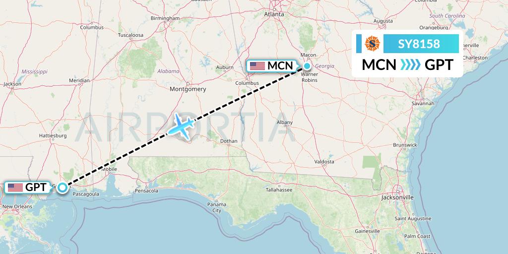 SY8158 Sun Country Airlines Flight Map: Macon to Gulfport