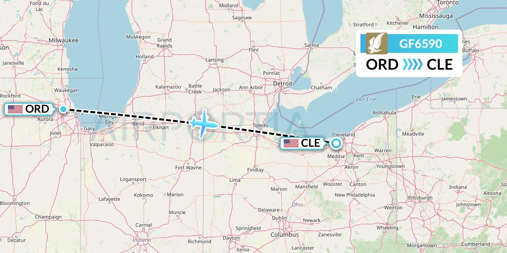 GF6590 Gulf Air Flight Map: Chicago to Cleveland