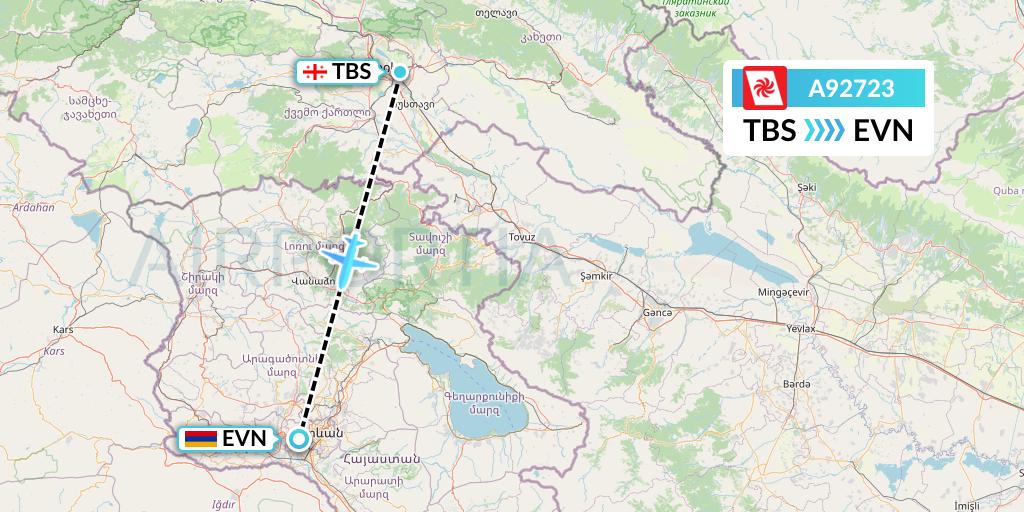 A92723 Georgian Airways Flight Map: Tbilisi to Yerevan