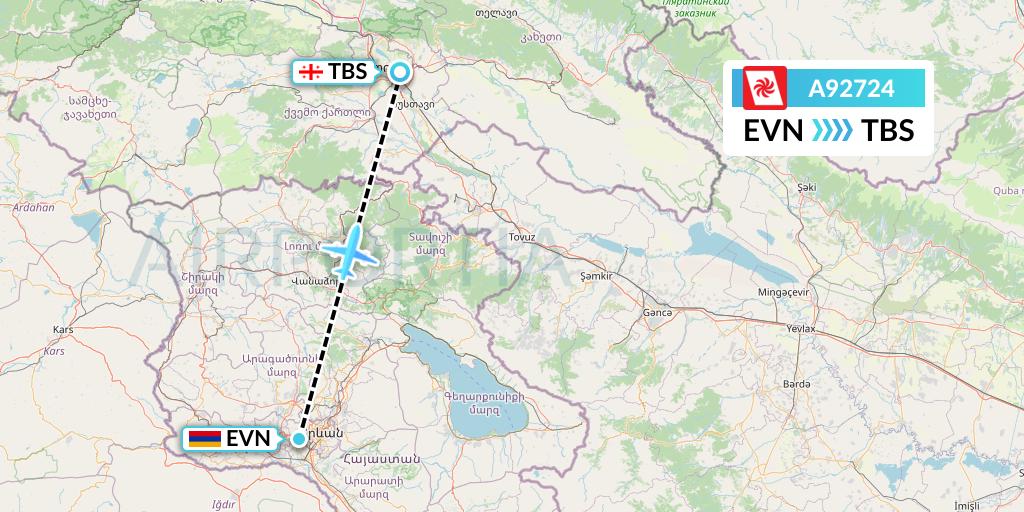 A92724 Georgian Airways Flight Map: Yerevan to Tbilisi