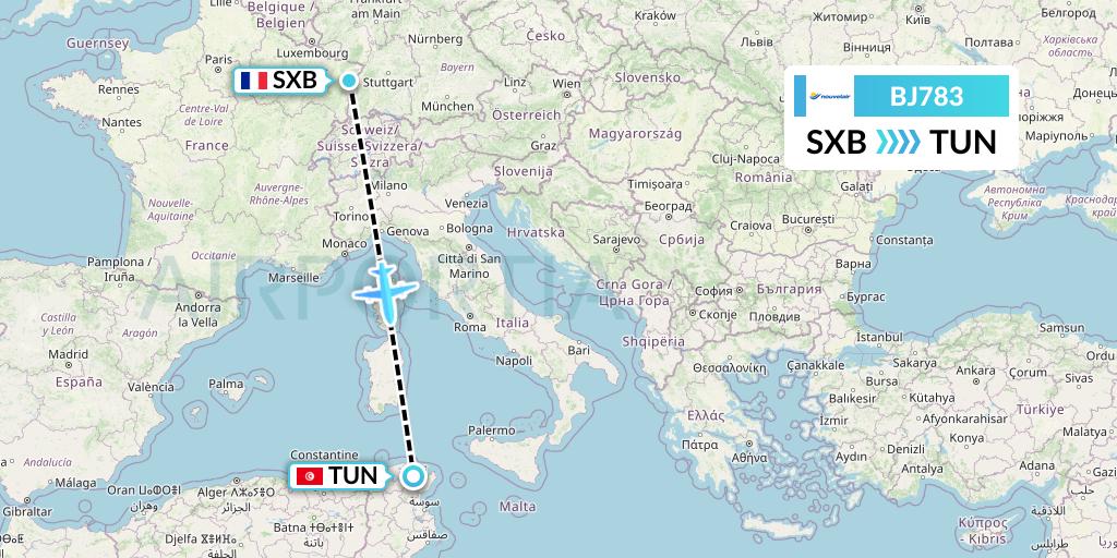 BJ783 Nouvelair Tunisie Flight Map: Strasbourg to Tunis