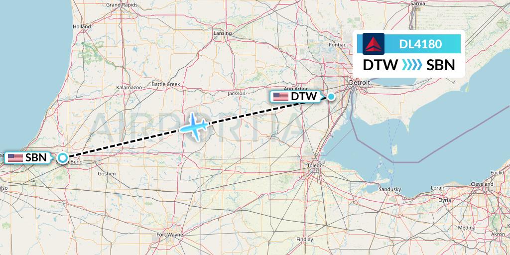 DL4180 Delta Air Lines Flight Map: Detroit to South Bend
