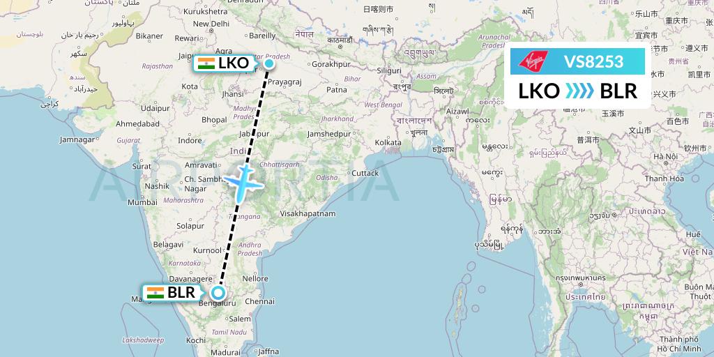 VS8253 Virgin Atlantic Airways Flight Map: Lucknow to Bangalore