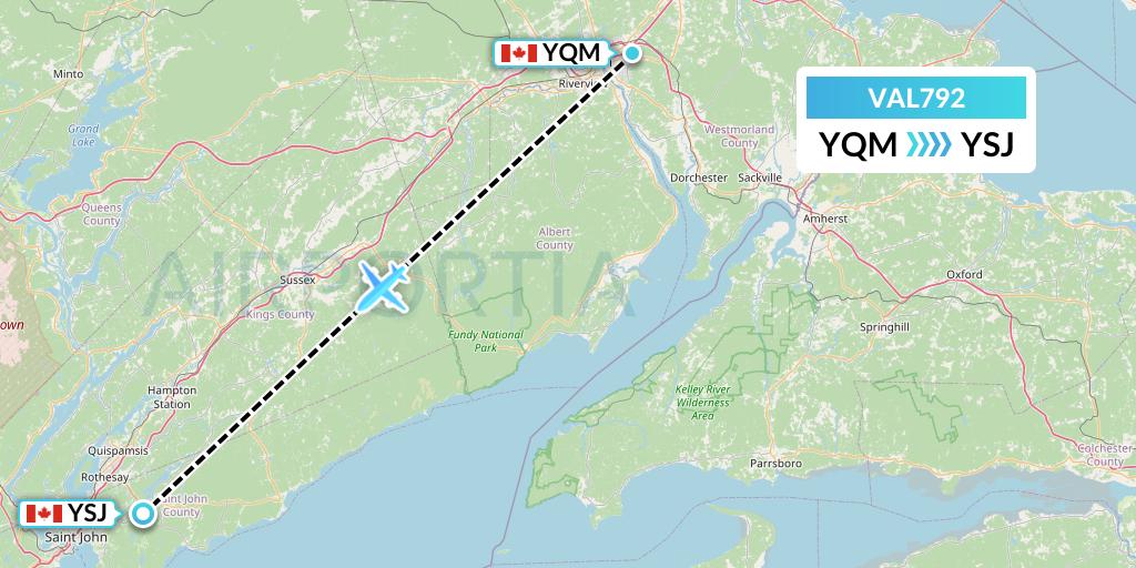 VAL792 Voyageur Airlines Flight Map: Moncton to Saint John
