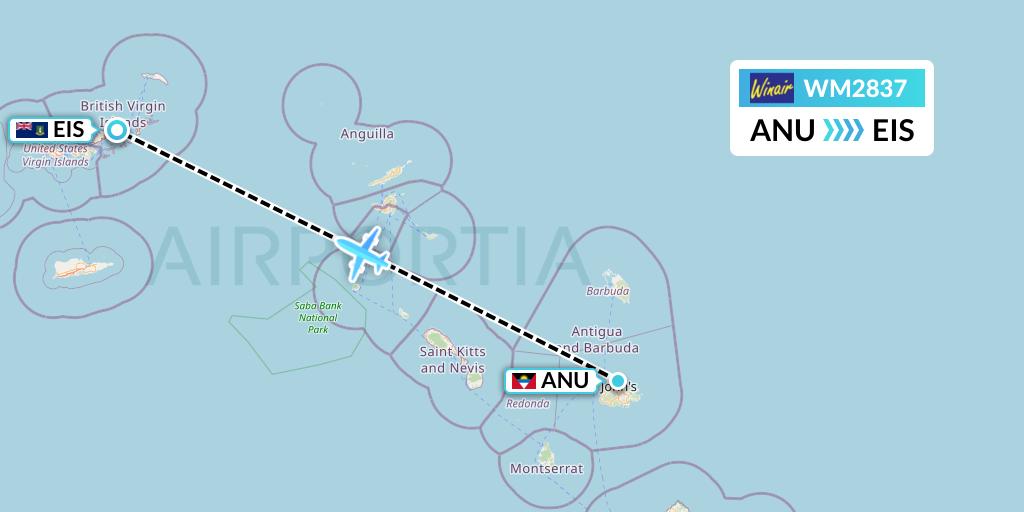 WM2837 Winair Flight Map: Antigua to Beef Island