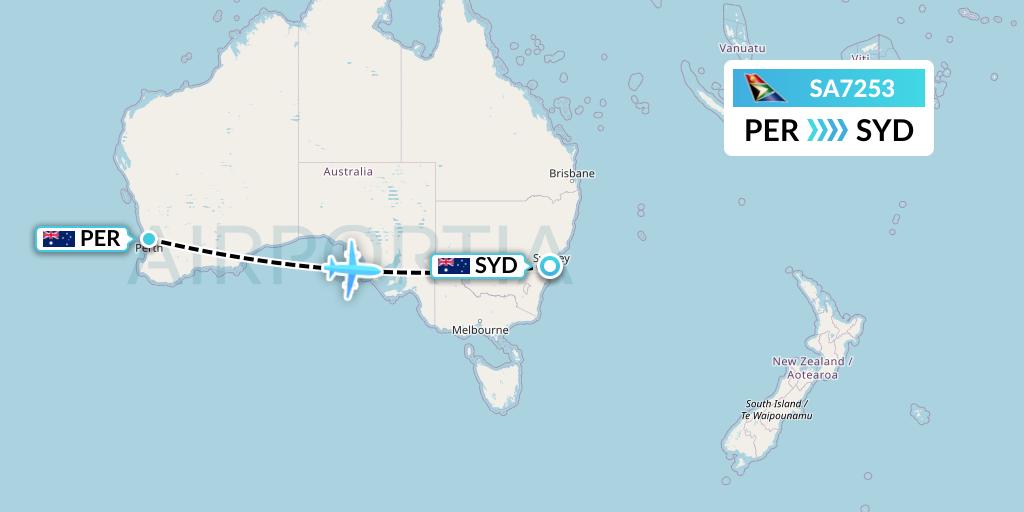 SA7253 South African Airways Flight Map: Perth to Sydney