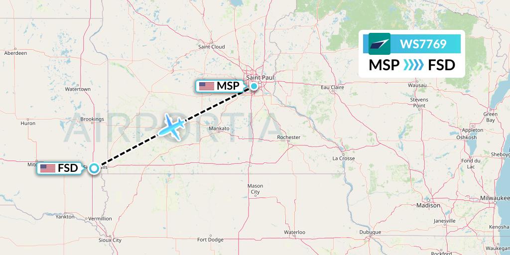 WS7769 WestJet Flight Map: Minneapolis to Sioux Falls