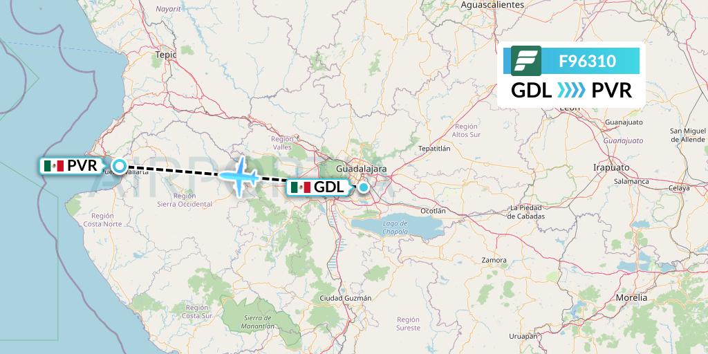 F96310 Frontier Airlines Flight Map: Guadalajara to Puerto Vallarta
