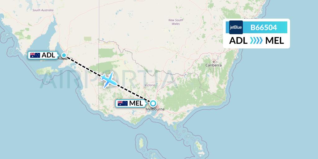 B66504 JetBlue Airways Flight Map: Adelaide to Melbourne