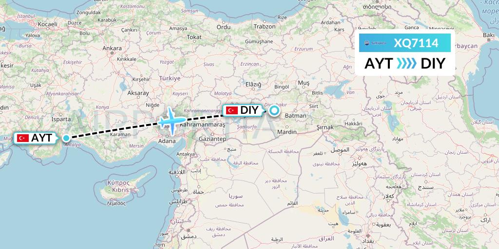 XQ7114 SunExpress Flight Map: Antalya to Diyarbakir