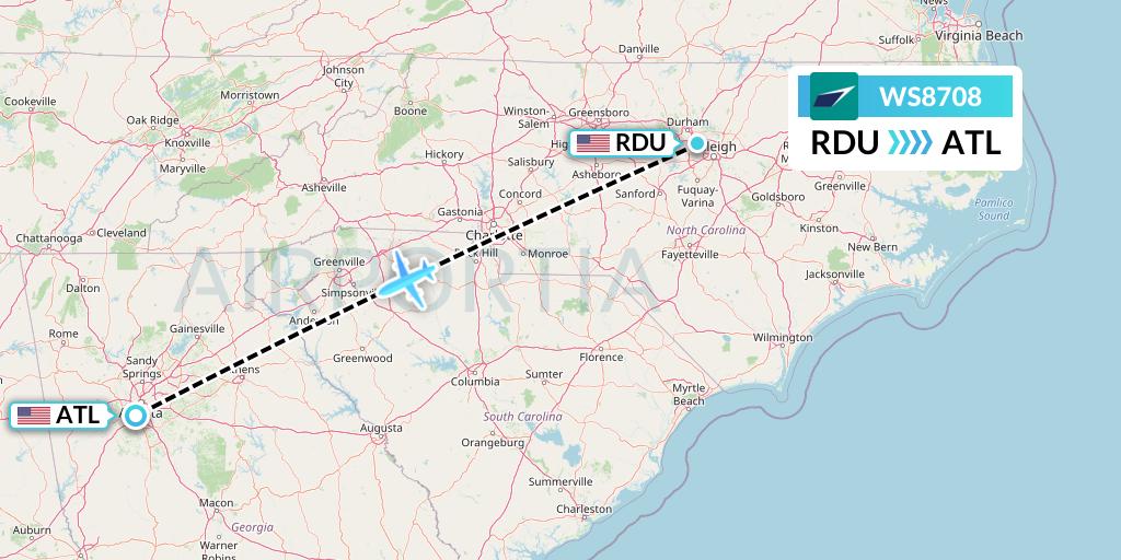 WS8708 WestJet Flight Map: Raleigh-Durham to Atlanta