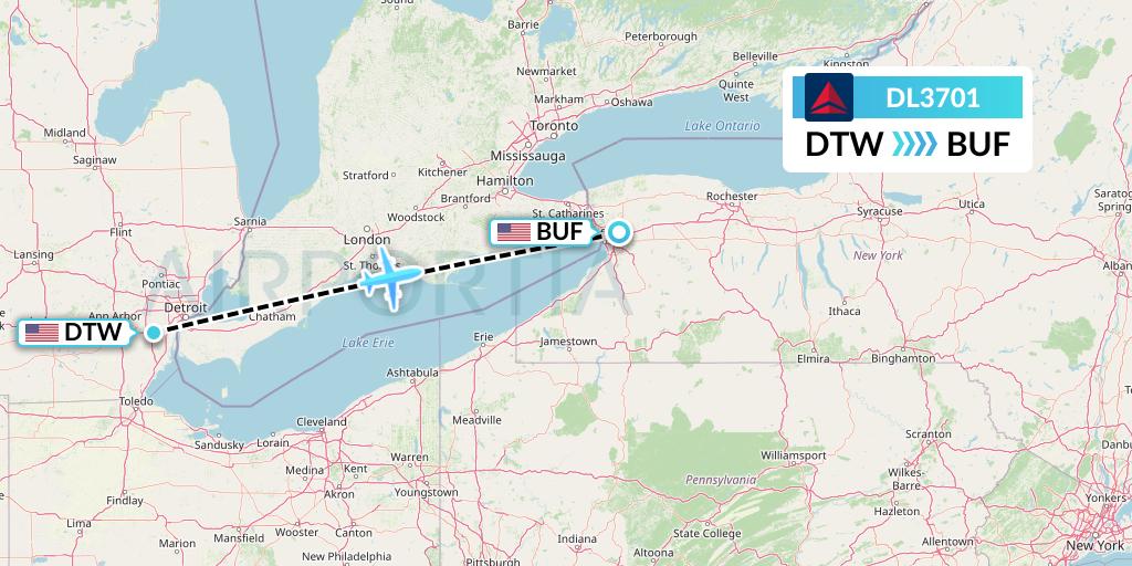 DL3701 Delta Air Lines Flight Map: Detroit to Buffalo